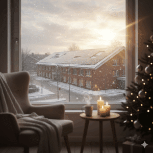 Aus einem Weihnachtlichen Wohnzimmer fällt der Blick auf eine crowdfinanzierte Solaranlage auf einer Schule im Quartier