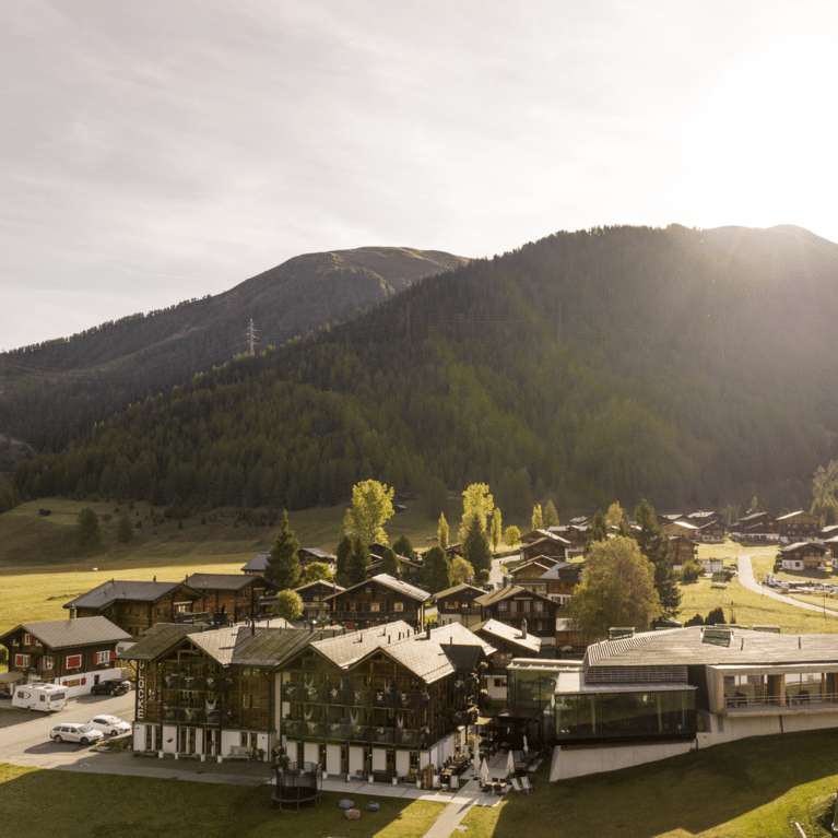 Sunlit alpine village with wooden chalets nestled in a green valley and forested hills beyond.
