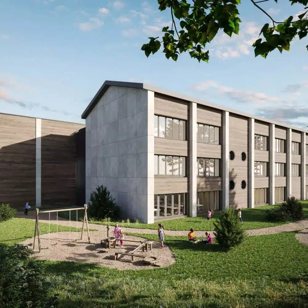 Modern multi-story school building with wood and concrete panels, surrounded by a green lawn and trees, with children playing in a courtyard.