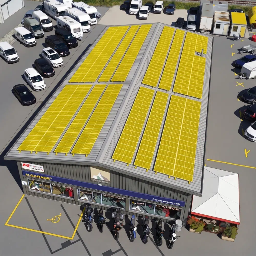 A large building with a yellow solar-panel roof, surrounding parking lot with many cars and motorcycles, including clearly marked handicap spaces in the foreground.