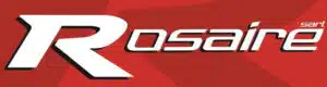 Logo de Rosaire srl : un « R » blanc de grande taille accompagné d'un texte en caractères gras sur un fond géométrique rouge.